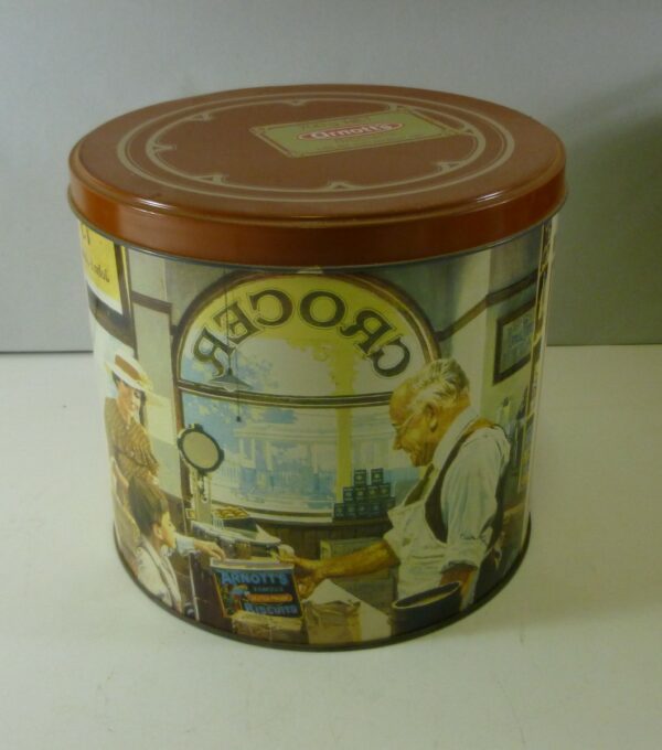 Arnott's 'The Grocer' (v.1), 700g. Biscuit Barrel Tin, c.1989 *