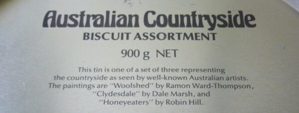 Arnott's Aust'n Countryside 'Woolshed', 900g. Bis.Tin, c.1977 *