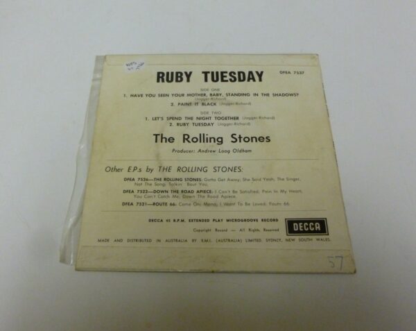 * Rolling Stones 'RUBY TUESDAY', EP Record, in PC, DFEA 7537, c.1965 *