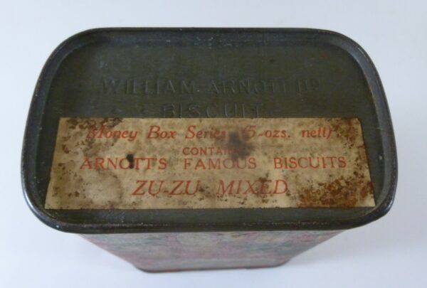Arnott's 'Money Box Series', rect., 5 ozs. ZU-ZU Biscuits Tin, c.1910 *