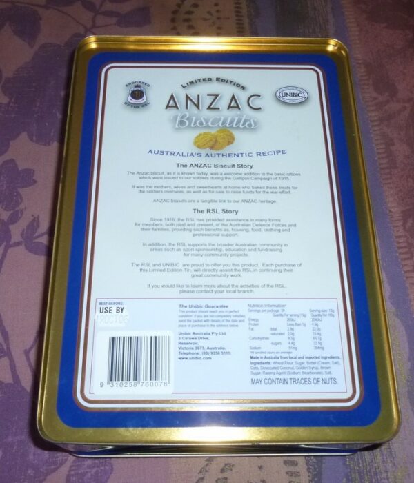 Unibic ANZAC Biscuits (Diggers sharing bickies), 500g. Bis. Tin