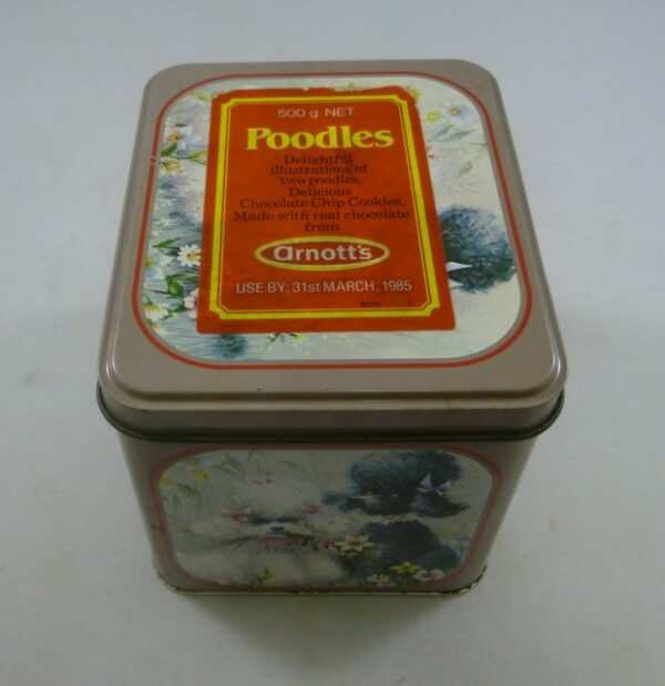 Arnott's 'Poodles', cubic rect., 500g. Biscuit Tin, c.1984 - a rarey! *
