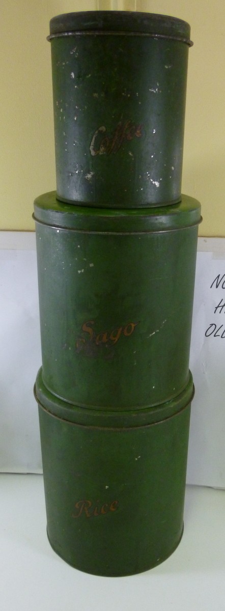WILLOW Kitchen Canisters (Coffee, Sago & Rice), in gold on green tin