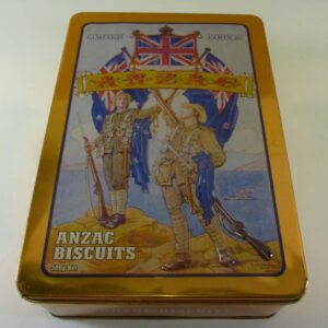 UNIBIC ANZAC BISCUITS, (Flag Raising), gold, 500g. Biscuit Tin, c.2002