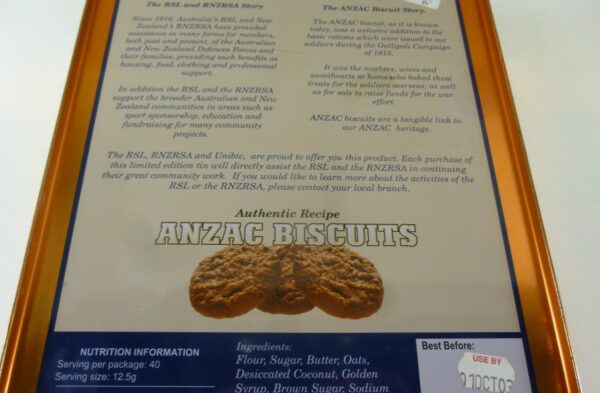 UNIBIC ANZAC BISCUITS, (Flag Raising), gold, 500g. Biscuit Tin, c.2002
