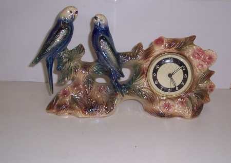'Blue Budgerigars in Flora', German Alarm Clock, in ceramic body
