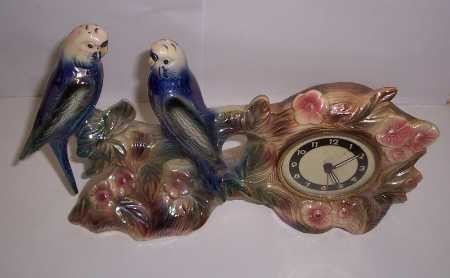 'Blue Budgerigars in Flora', German Alarm Clock, in ceramic body