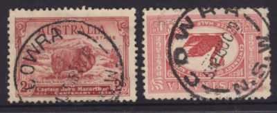 Australian Postage Stamp, 'Commemorative', red, 2d. postmarked 'COWRA' x 2