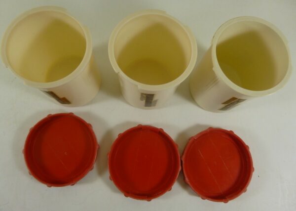 Marquis Spice Canister set of 4, Deco labels, in red & ivory bakelite, c.1940's