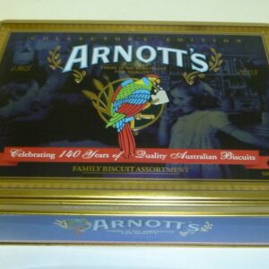 Arnott's 'Celebrating 140 Years', gold on blue, landscape rect, 500g. Biscuit Tin, c.2005 *