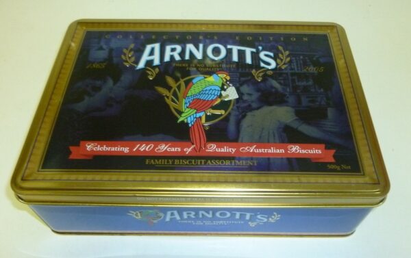 Arnott's 'Celebrating 140 Years', gold on blue, landscape rect, 500g. Biscuit Tin, c.2005 *