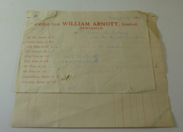 Arnott's Letterheaded Invoice, from William Arnott Ltd., c.1906