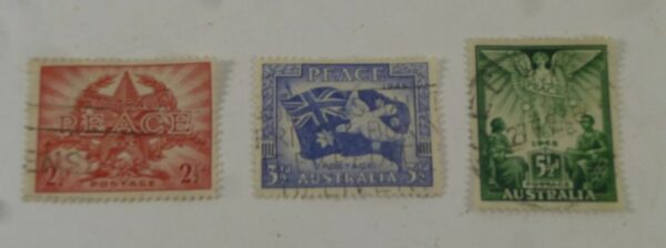 Australian Postage Stamps 'PEACE, 1945', set of 3, c.1945
