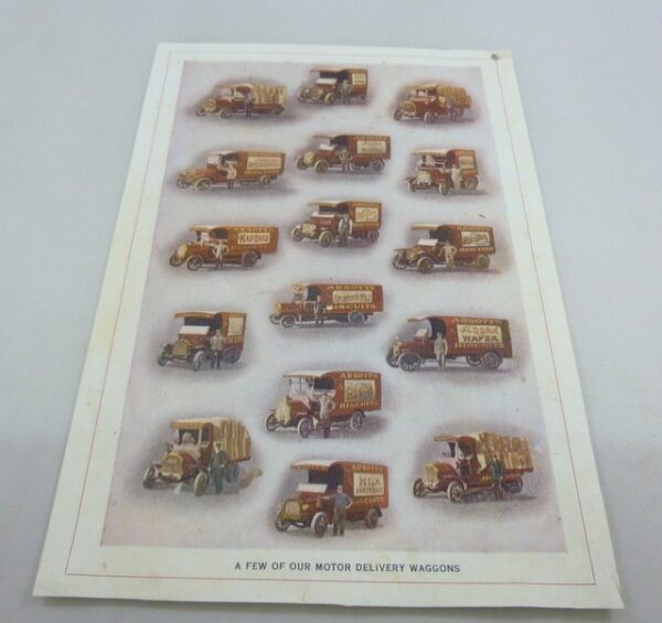 Arnott's 1910 Catalogue A-4 size page, showing vintage delivery trucks