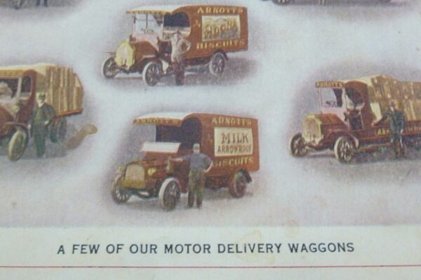 Arnott's 1910 Catalogue A-4 size page, showing vintage delivery trucks