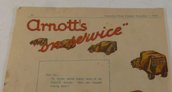 Arnott's 'arnott's "on service", original magazine advert, c.1944 - very rare!