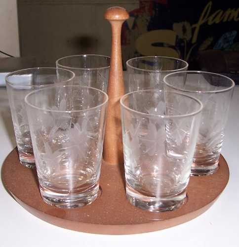 Drink Tumbler set of 6, on timber stand, in etched clear glass