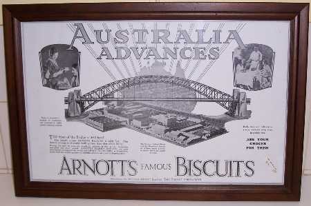 'ARNOTT'S BISCUITS', framed advert. commemorating SHB opening