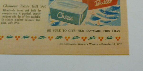 gay ware 'A Xmas box of gay ware please, for Mummy!', magazine ad., c.1957