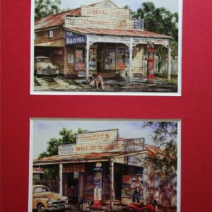 'Staying for the Refund' & 'Harry's Motor Works', by G. Hanley, matboard mounted postcards