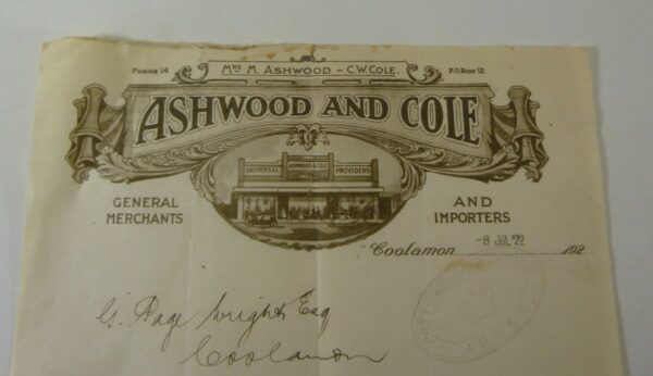 Coolamon Letterheaded notice - 'ASHWOOD AND COLE', Coolamon, NSW