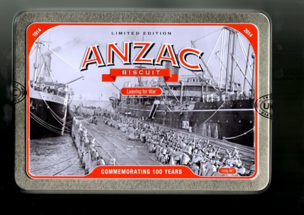 Unibic ANZAC Biscuit, 'Leaving for War', by ship, red on bronze, 500g. Biscuit Tin