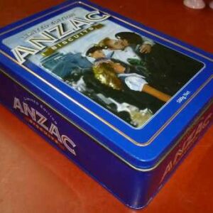 Unibic ANZAC Biscuits 'The Return', NZ edition, blue, 500g. Biscuit Tin, c.2010