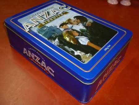 Unibic ANZAC Biscuits 'The Return', NZ edition, blue, 500g. Biscuit Tin, c.2010