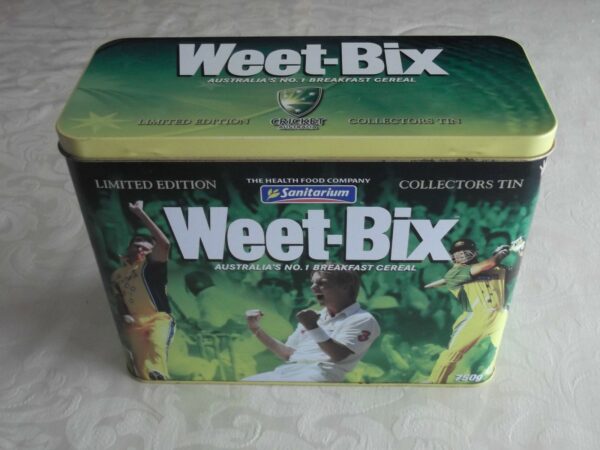 Sanitarium WEET-BIX, 'Cricket Australia', yellow & green, 750g. Biscuit Tin, c.2004