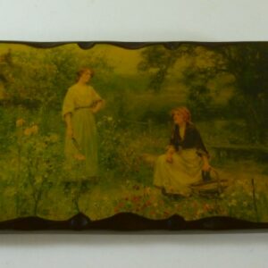 Decoupaged Wall Plaque, vintage, 'Flower picking', by Mary Vistarini