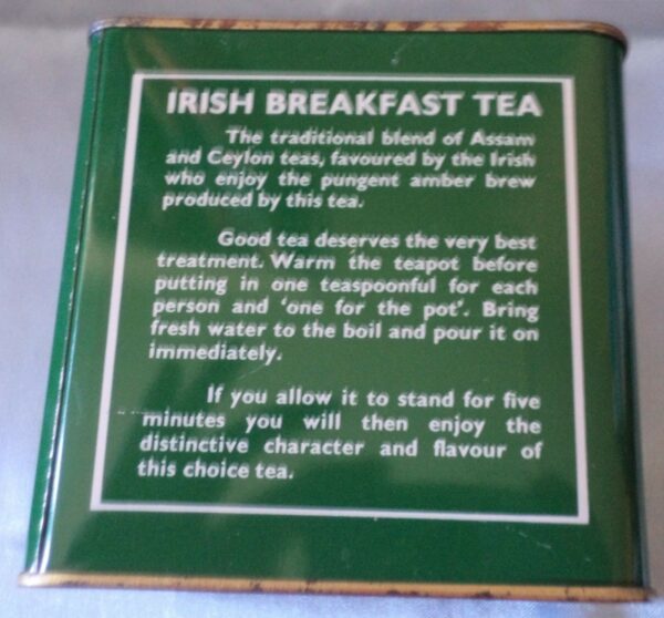 TWININGS 'IRISH BREAKFAST TEA', Irish-green, cubic, 250g. Tea Tin, c.1970's