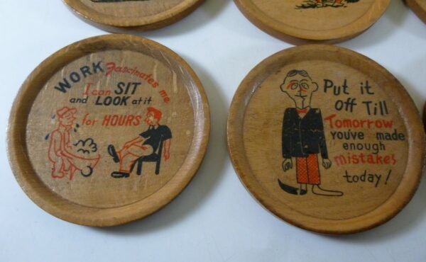 Coaster set of 6, 'humorous themed', Retro, in timber, c.1960's
