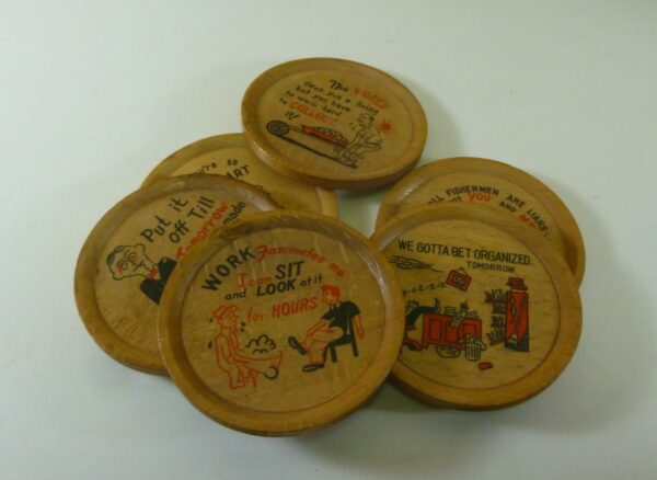 Coaster set of 6, 'humorous themed', Retro, in timber, c.1960's