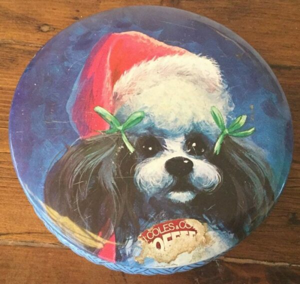 G.J. COLES & Co Ltd. 'Christmas Dog', round, 6 oz. Toffees Tin - cute!