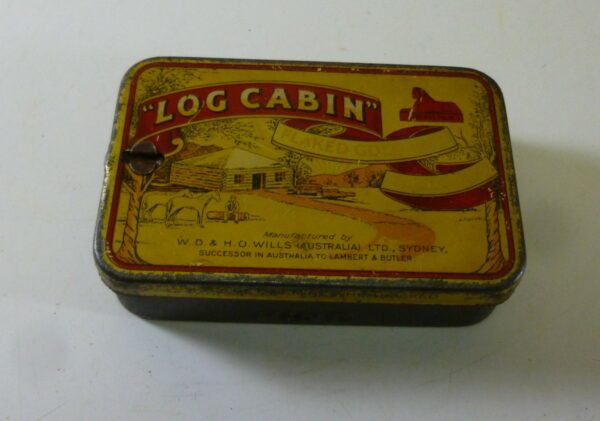 LOG CABIN, red, yellow & gold, rectangular, 2 oz. Tobacco Tin, c.1950's