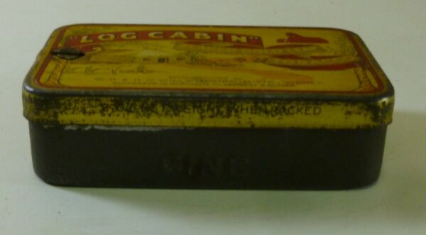 LOG CABIN, red, yellow & gold, rectangular, 2 oz. Tobacco Tin, c.1950's
