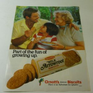 arnott's MILK ARROWROOT Biscuits, magazine ad., c.1980
