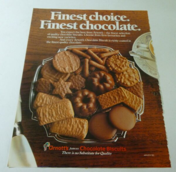 arnott's famous Chocolate Biscuits, magazine ad., c.1984