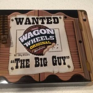 Arnott's 'WANTED', WAGON WHEELS, rect., 384g. Biscuit Tin, c.2011