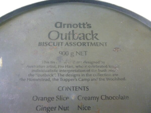Arnott's OUTBACK 'Trappers Camp', 900g. Biscuit Tin, c.1976