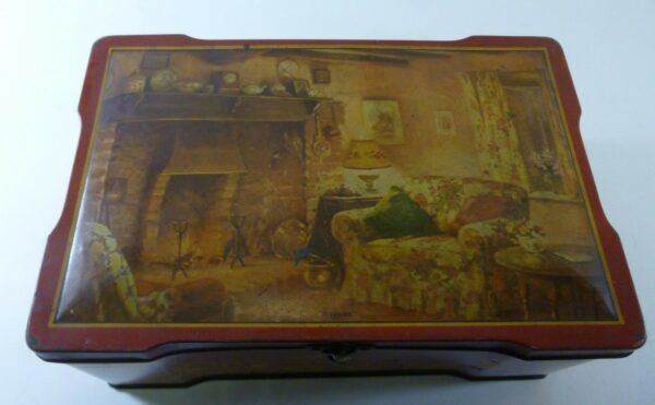 Joyce Biscuits 'FIRESIDE', latched-lid, rect. Biscuit Tin, c.1960's