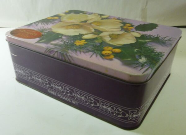 Arnott's 'White Camellias & Holly', rect., 3 lb. Biscuit Tin, c.1967