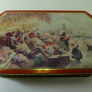 MASTERCRAFT 'Flower Sellers by Dutch Canal', octagonal Toffees Tin, c.1960's
