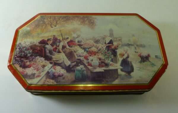 MASTERCRAFT 'Flower Sellers by Dutch Canal', octagonal Toffees Tin, c.1960's