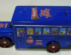 ARNOTT'S Tiny Teddy 'SCHOOL BUS', blue, 200g. bus-shaped Biscuit Tin, c.2011