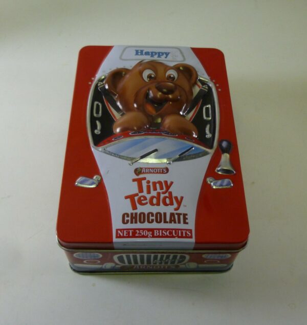 ARNOTT'S Tiny Teddy CHOCOLATE, 'Happy in his car', red, 250g. Biscuit Tin