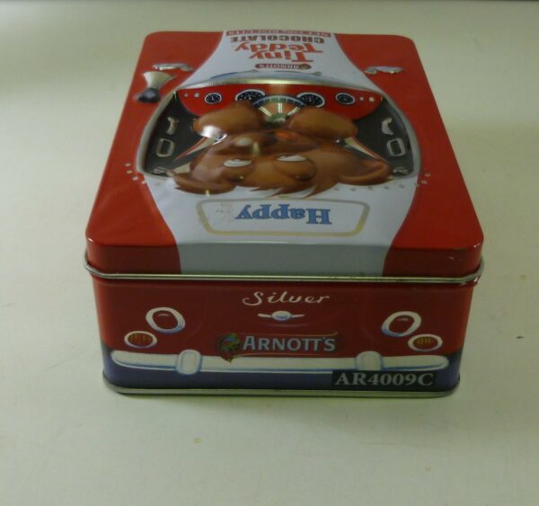 ARNOTT'S Tiny Teddy CHOCOLATE, 'Happy in his car', red, 250g. Biscuit Tin