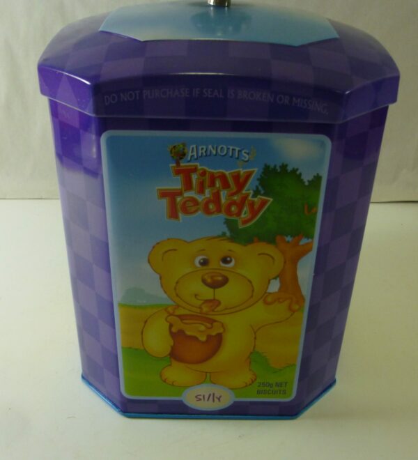 ARNOTT'S 'Tiny Teddy', octagonal, 250g. Biscuit Caddy Tin, c.2005