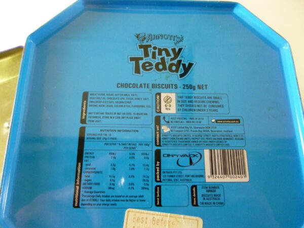 ARNOTT'S 'Tiny Teddy', octagonal, 250g. Biscuit Caddy Tin, c.2005