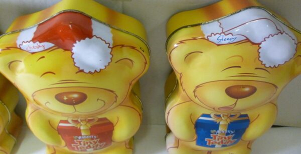 ARNOTT'S Tiny Teddy full set of 4, 125g. Teddy-shaped Biscuit Tins